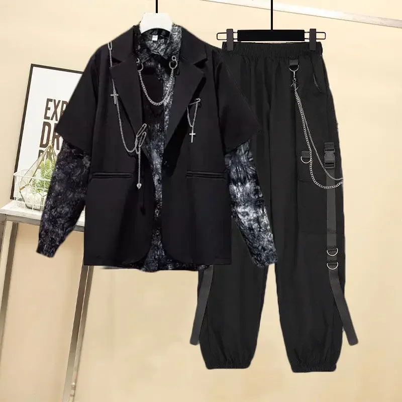 Y2K Grunge Chain Cargo Pants + Blouse + Vest Set - Retro 90s Streetwear Harajuku Fashion