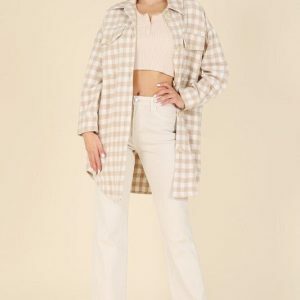 Y2K Grunge Checkered Plaid Long Shacket - Stylish Oversized Jacket for Women