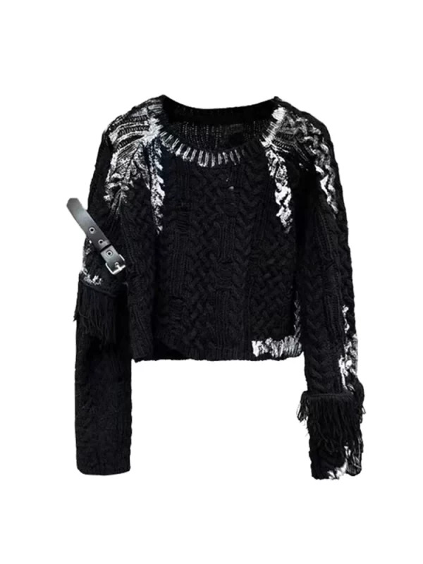 Y2K Grunge Crop Sweater: Dark Academia Pullover with Gyaru Style