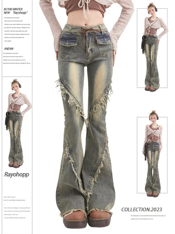 Y2K Grunge Cyber Punk Low Rise Flare Jeans - Bell Bottom Denim Pants for Women