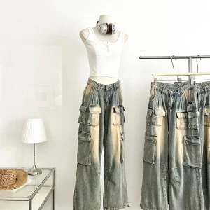 Y2K Grunge Denim Cargo Pants - Vintage Streetwear with Multi-Pocket Design