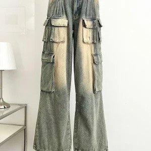 Y2K Grunge Denim Cargo Pants - Vintage Streetwear with Multi-Pocket Design