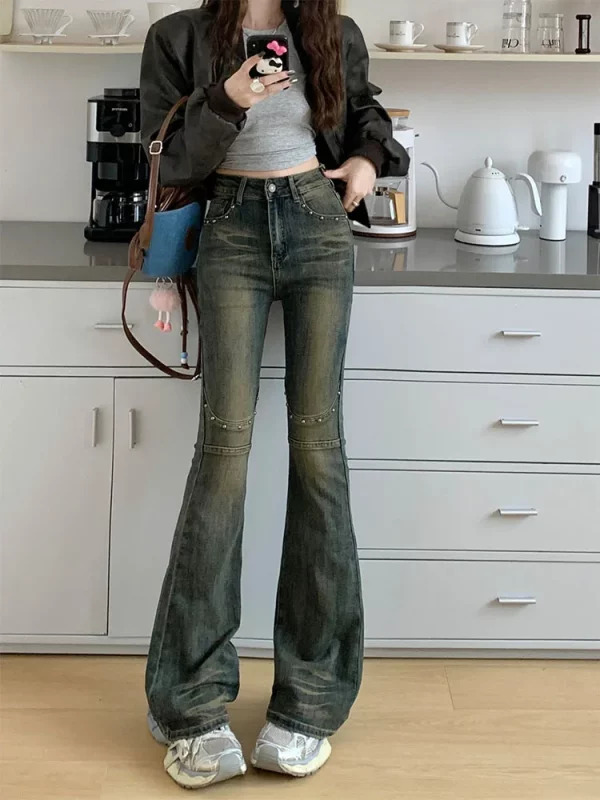 Y2K Grunge Flare Jeans: Korean Streetwear Vintage High Waist Denim Pants