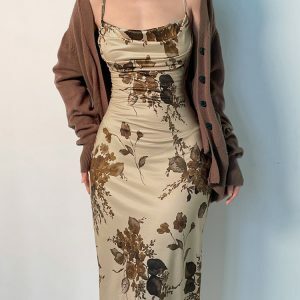 Y2K Grunge Floral Backless Maxi Dress - Elegant Party Outfit