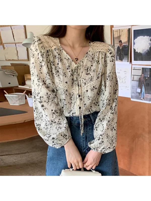 Y2K Grunge Floral Chiffon Blouse - Vintage French Style with Lantern Sleeves