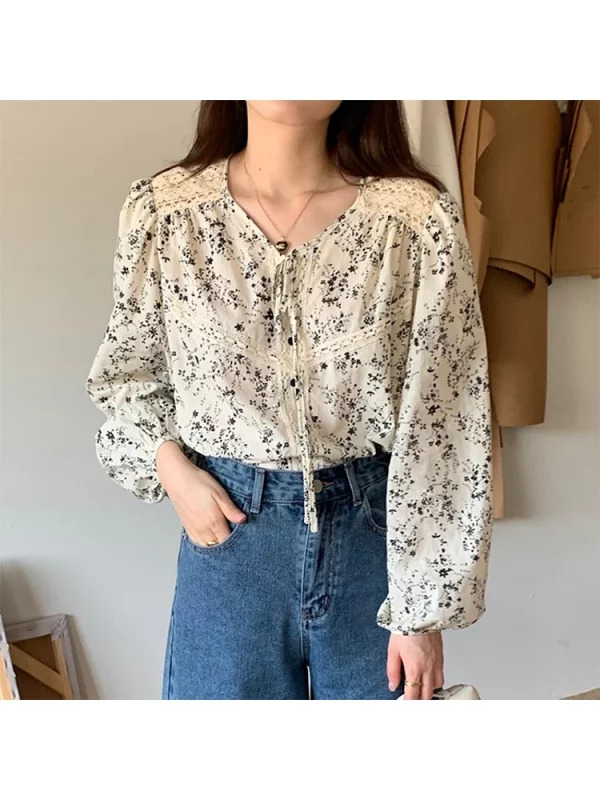 Y2K Grunge Floral Chiffon Blouse - Vintage French Style with Lantern Sleeves