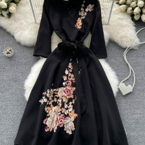 Y2K Grunge Floral Lace-Up V-Neck Mid-Calf Dress - Elegant Summer Evening Outfit