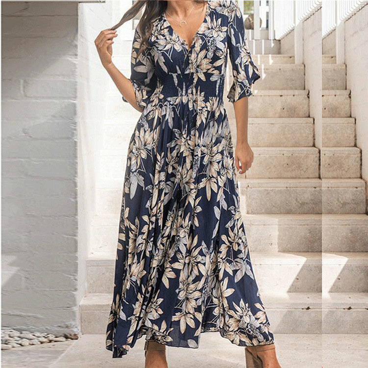 Y2K Grunge Floral V-Neck Long Dress - Elegant Spring/Summer Outfit