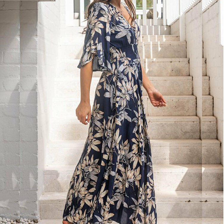 Y2K Grunge Floral V-Neck Long Dress - Elegant Spring/Summer Outfit