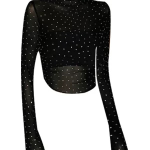 Y2K Grunge Gauze T-Shirt with Rhinestones - Long Sleeve Coquette Crop Top