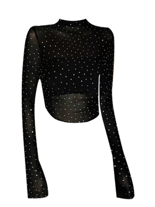 Y2K Grunge Gauze T-Shirt with Rhinestones - Long Sleeve Coquette Crop Top