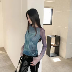 Y2K Grunge Gauze Top: Women's Tie Dye Long Sleeve T-Shirt - Cyberpunk Streetwear