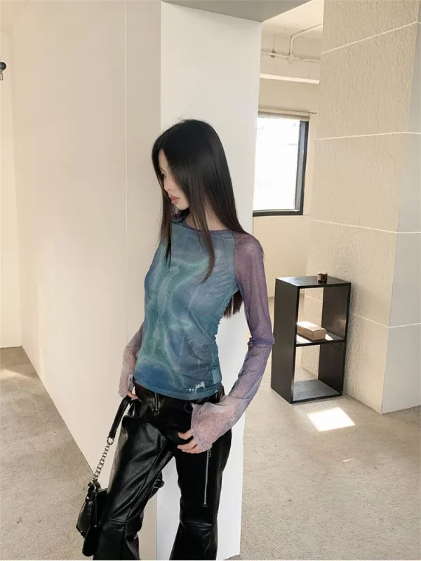 Y2K Grunge Gauze Top: Women's Tie Dye Long Sleeve T-Shirt - Cyberpunk Streetwear