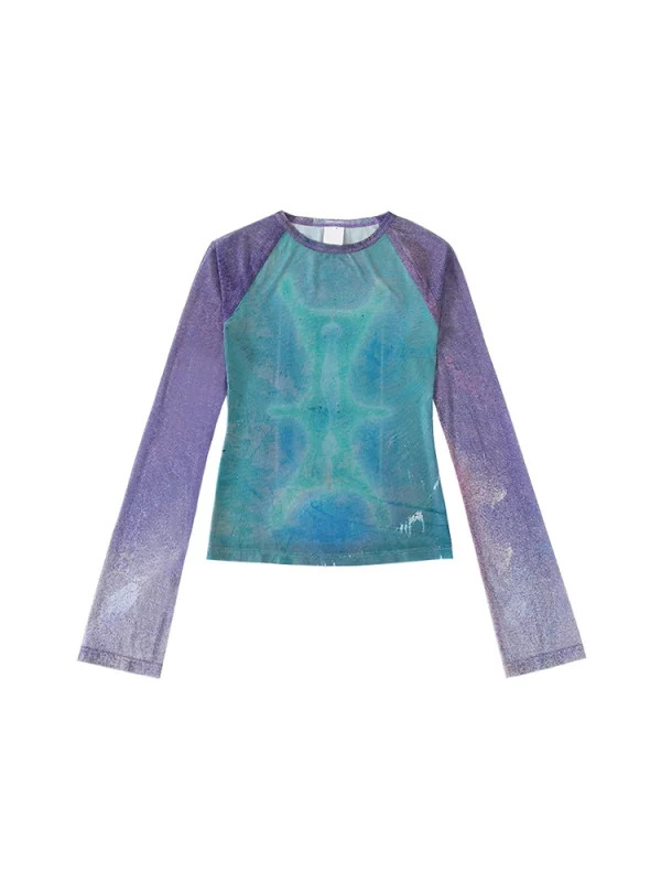 Y2K Grunge Gauze Top: Women's Tie Dye Long Sleeve T-Shirt - Cyberpunk Streetwear