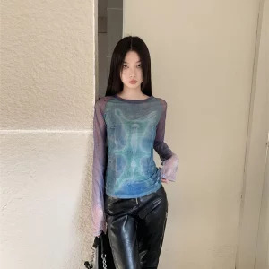 Y2K Grunge Gauze Top: Women's Tie Dye Long Sleeve T-Shirt - Cyberpunk Streetwear