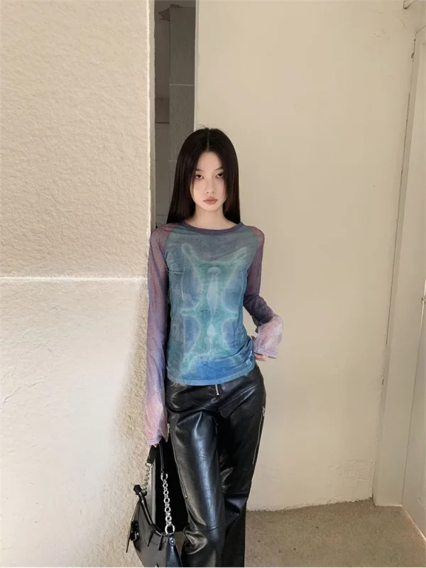 Y2K Grunge Gauze Top: Women's Tie Dye Long Sleeve T-Shirt - Cyberpunk Streetwear