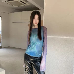 Y2K Grunge Gauze Top: Women's Tie Dye Long Sleeve T-Shirt - Cyberpunk Streetwear