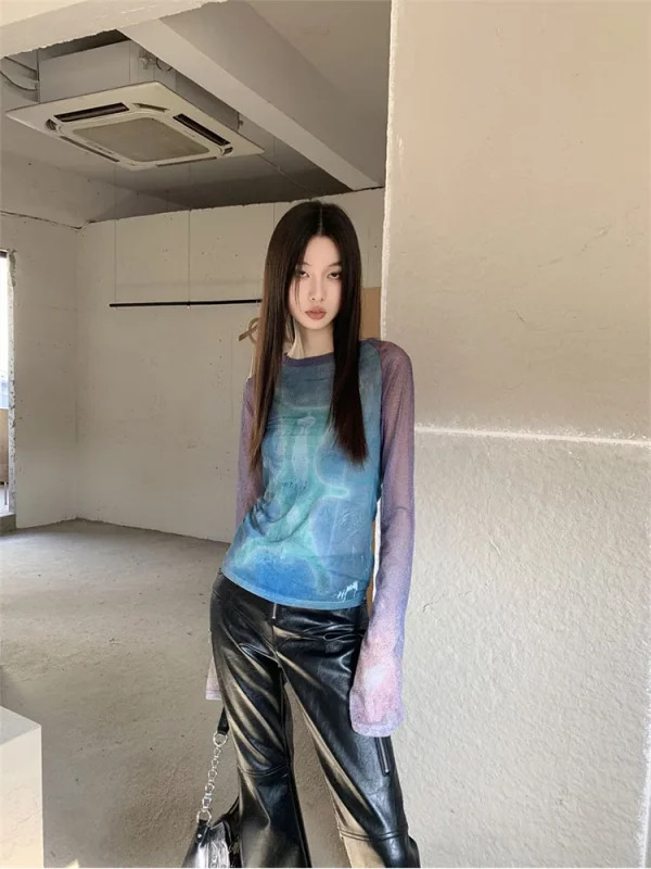 Y2K Grunge Gauze Top: Women's Tie Dye Long Sleeve T-Shirt - Cyberpunk Streetwear