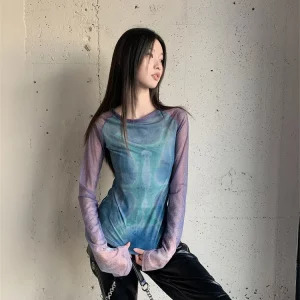 Y2K Grunge Gauze Top: Women's Tie Dye Long Sleeve T-Shirt - Cyberpunk Streetwear