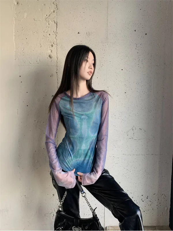 Y2K Grunge Gauze Top: Women's Tie Dye Long Sleeve T-Shirt - Cyberpunk Streetwear