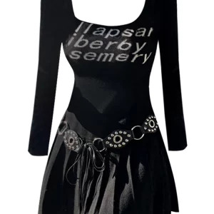 Y2K Grunge Goth Harajuku Mini Dress with Belt - Dark Academia Square Collar One-Piece Streetwear