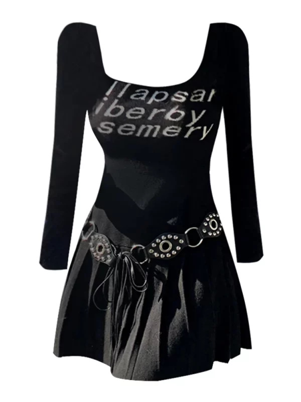 Y2K Grunge Goth Harajuku Mini Dress with Belt - Dark Academia Square Collar One-Piece Streetwear