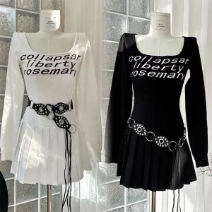 Y2K Grunge Goth Harajuku Mini Dress with Belt - Dark Academia Square Collar One-Piece Streetwear