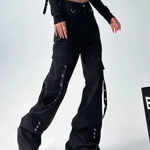 Y2K Grunge Gothic Cargo Pants - Multi-Pocket Streetwear Flare Trousers