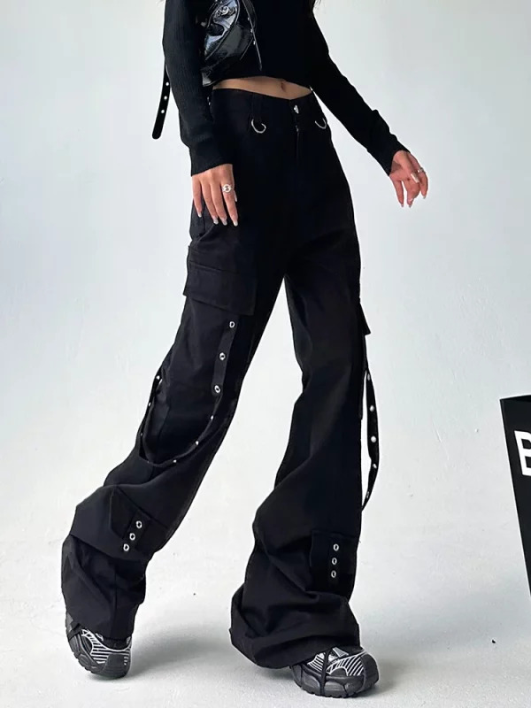 Y2K Grunge Gothic Cargo Pants - Multi-Pocket Streetwear Flare Trousers