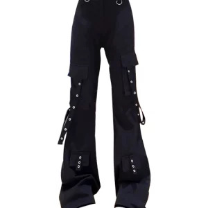 Y2K Grunge Gothic Cargo Pants - Multi-Pocket Streetwear Flare Trousers