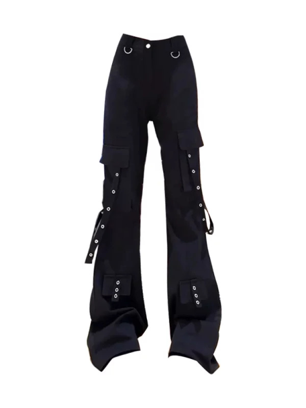 Y2K Grunge Gothic Cargo Pants - Multi-Pocket Streetwear Flare Trousers