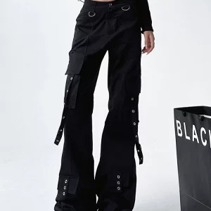 Y2K Grunge Gothic Cargo Pants - Multi-Pocket Streetwear Flare Trousers