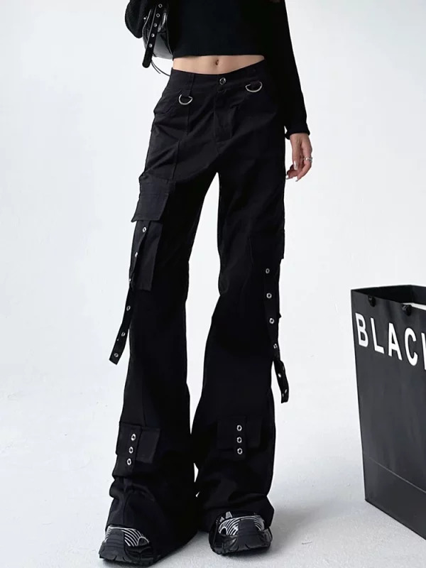 Y2K Grunge Gothic Cargo Pants - Multi-Pocket Streetwear Flare Trousers