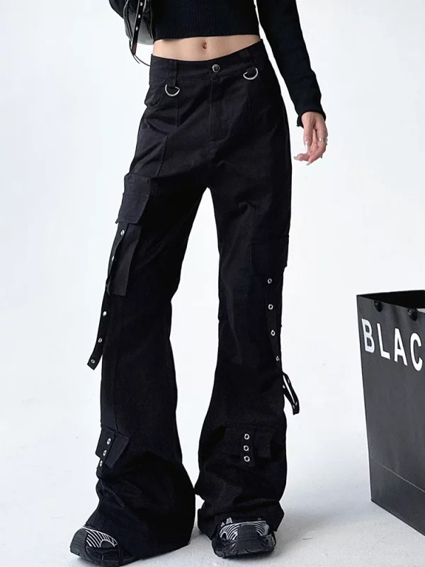 Y2K Grunge Gothic Cargo Pants - Multi-Pocket Streetwear Flare Trousers