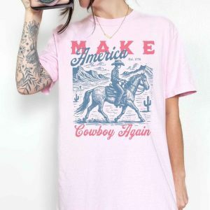 Y2K Grunge Graphic Tee - Make America Cowboy Again, USA Independence Day, Red White Blue Western Shirt