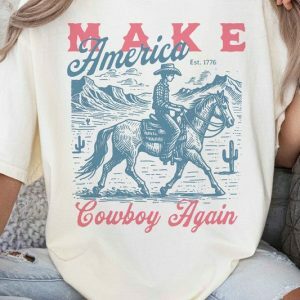 Y2K Grunge Graphic Tee - Make America Cowboy Again, USA Independence Day, Red White Blue Western Shirt