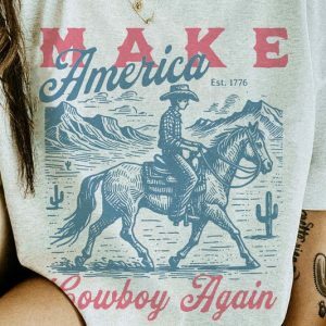 Y2K Grunge Graphic Tee - Make America Cowboy Again, USA Independence Day, Red White Blue Western Shirt