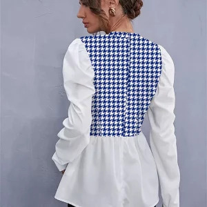 Y2K Grunge Houndstooth Ruffle Blouse - Retro 90s Fashion Long Sleeve Top for Women