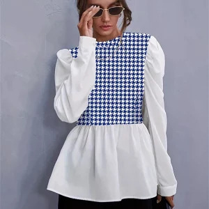 Y2K Grunge Houndstooth Ruffle Blouse - Retro 90s Fashion Long Sleeve Top for Women