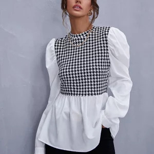 Y2K Grunge Houndstooth Ruffle Blouse - Retro 90s Fashion Long Sleeve Top for Women