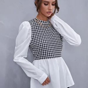 Y2K Grunge Houndstooth Ruffle Blouse - Retro 90s Fashion Long Sleeve Top for Women