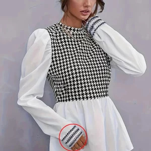 Y2K Grunge Houndstooth Ruffle Blouse - Retro 90s Fashion Long Sleeve Top for Women