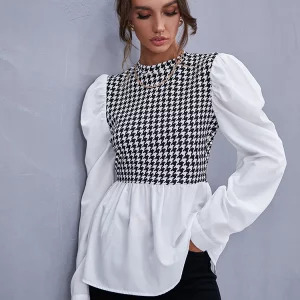 Y2K Grunge Houndstooth Ruffle Blouse - Retro 90s Fashion Long Sleeve Top for Women