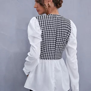 Y2K Grunge Houndstooth Ruffle Blouse - Retro 90s Fashion Long Sleeve Top for Women