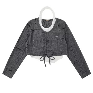 Y2K Grunge Knit Two-Piece Set: Long Sleeve Crop Top and Gyaru T-Shirt