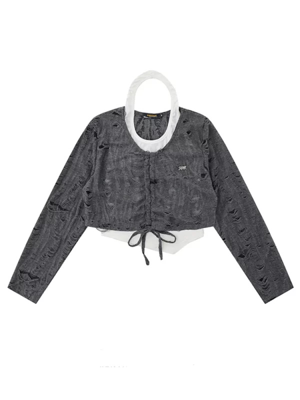 Y2K Grunge Knit Two-Piece Set: Long Sleeve Crop Top and Gyaru T-Shirt