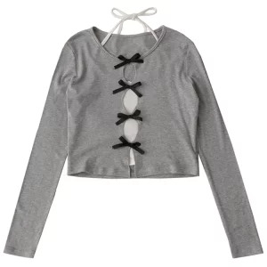 Y2K Grunge Lace-Up Crop Top - Korean Fashion Hollow Out Tee