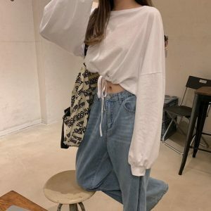 Y2K Grunge Long Sleeve O-Neck Loose Harajuku Crop Top - Elegant Retro High Waist Tee