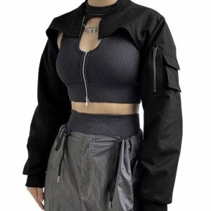 Y2K Grunge Open Breast Sleeve Crop Top - Festival, Techwear, Harajuku, Rave Fashion