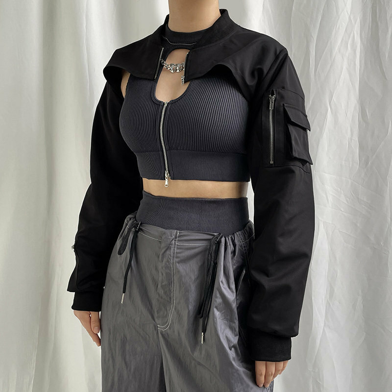 Y2K Grunge Open Breast Sleeve Crop Top - Festival, Techwear, Harajuku, Rave Fashion